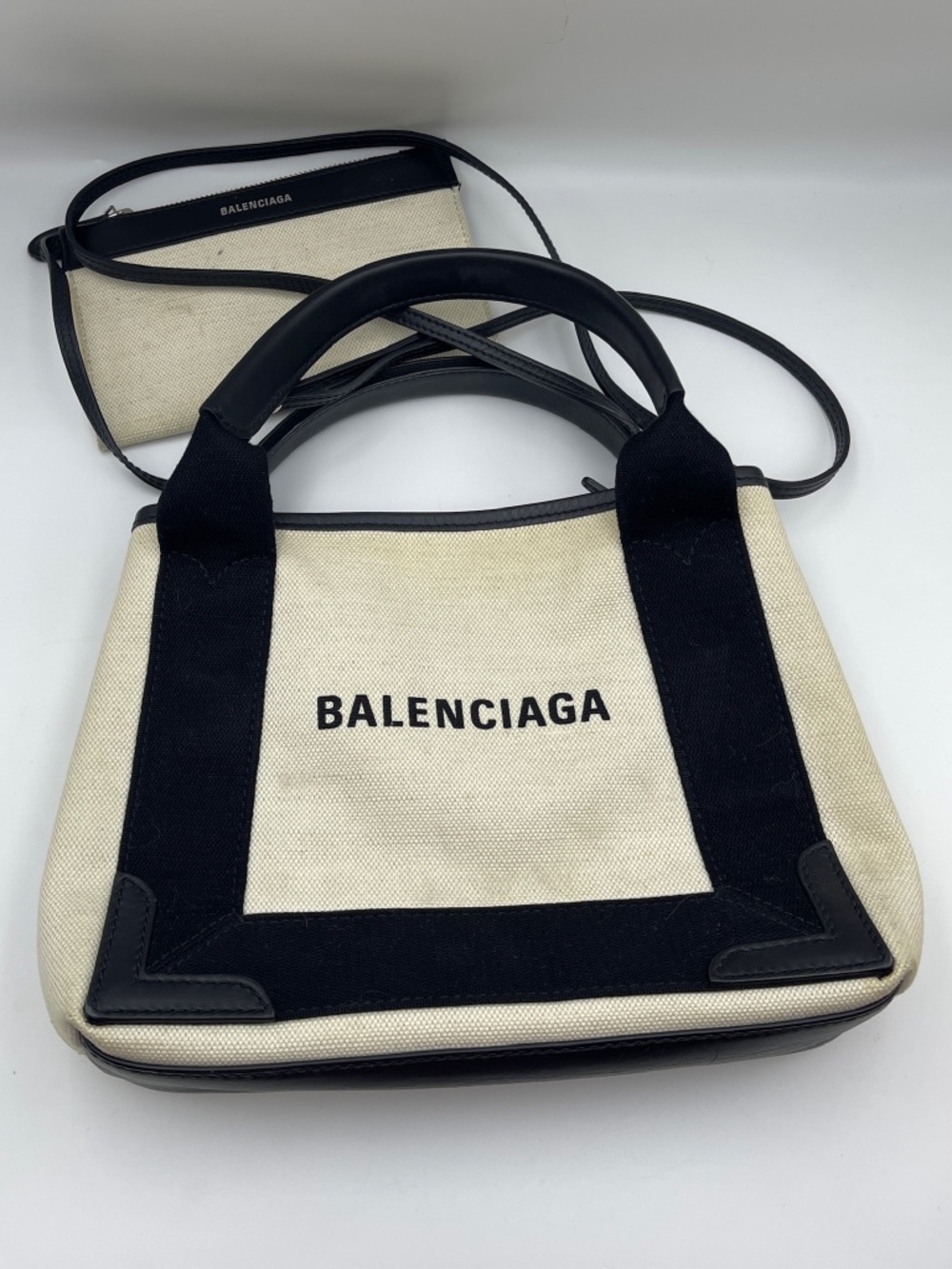 BALENCIAGA Cabas Off-White Black Canvas Leather handbag Tote Bag Purse crossbody